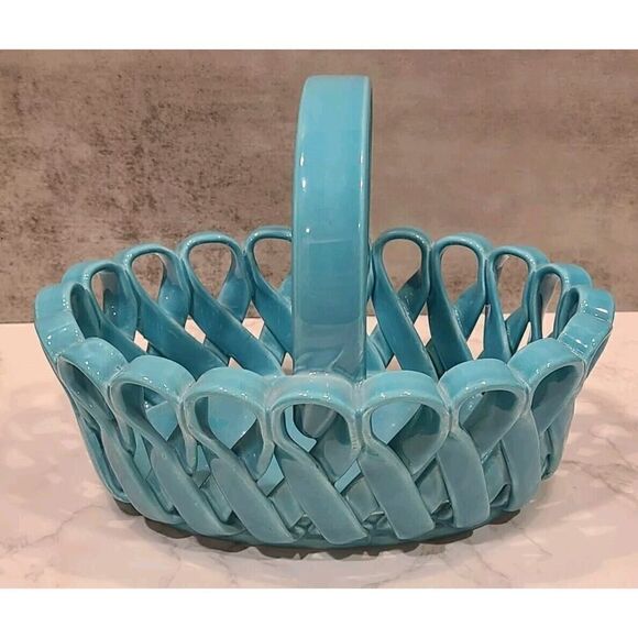 Dept. 56 Ceramic Woven Basket Turquoise Vintage Made In Italy 9" x 6" x 6.25" - Picture 2 of 9
